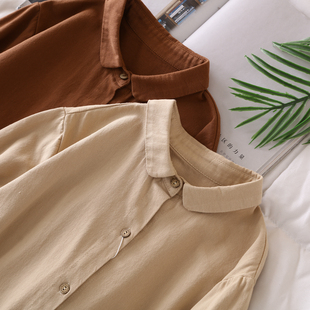 复古乖巧娃娃领纯棉连衣裙女秋季新款宽松显瘦中长款过膝衬衫裙子