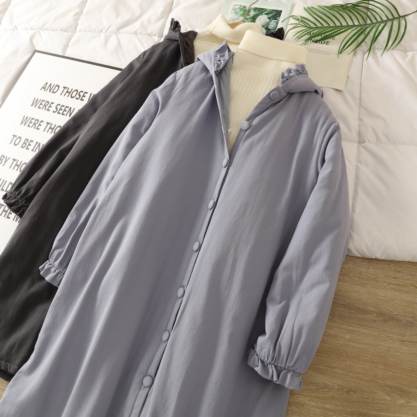 森系简约纯色连帽棉衣棉服女中长款冬季新款洋气减龄宽松遮肉外套