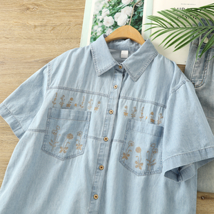 通勤复古文艺刺绣花朵纯棉牛仔短袖衬衫女森系宽松休闲学生衬衣夏