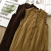 森系冬季 温暖灯芯绒夹棉加厚连衣裙复古高腰显瘦无袖 背心裙长裙子