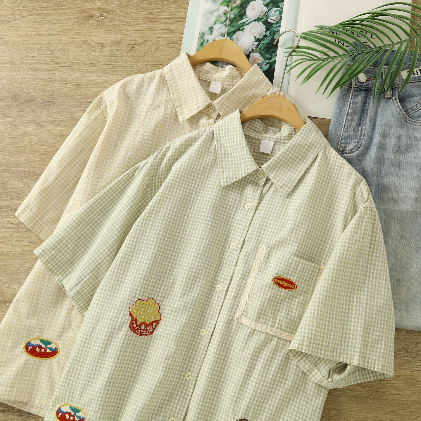 韩系学院风蕾丝口袋纯棉短袖衬衫女夏季复古宽松百搭刺绣格子衬衣