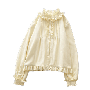 冬季加绒加厚奶黄色宫廷风荷叶边立领衬衫复古灯笼袖打底衫娃娃衫