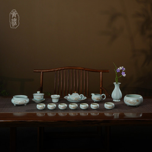 青澹汝窑茶具套装景德镇手工陶瓷