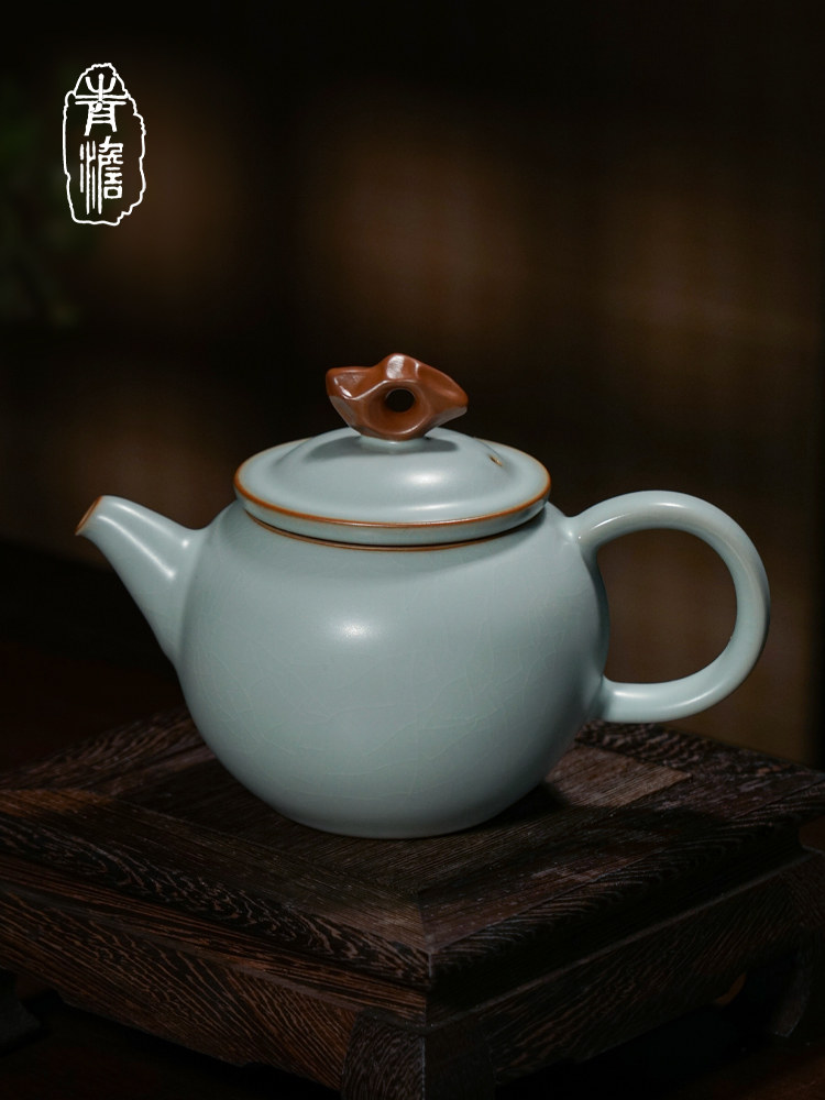 手工汝窑茶壶单壶家用景德镇古玩陶瓷礼品汝瓷茶具瓷开片冰裂釉