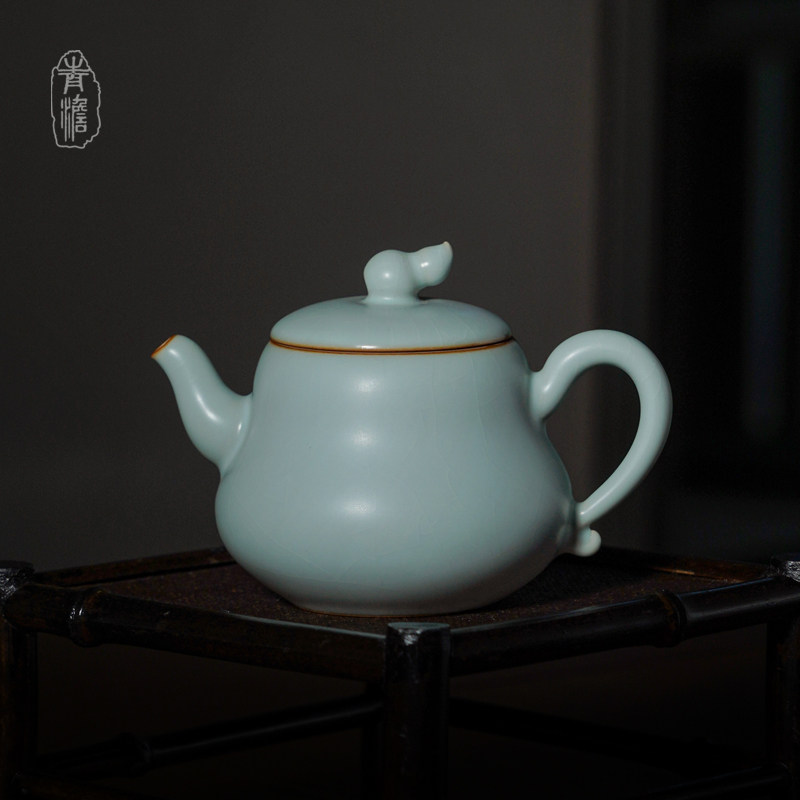汝窑小茶壶一人用景德镇家用泡茶壶陶瓷单壶仿古青瓷福临壶礼盒装