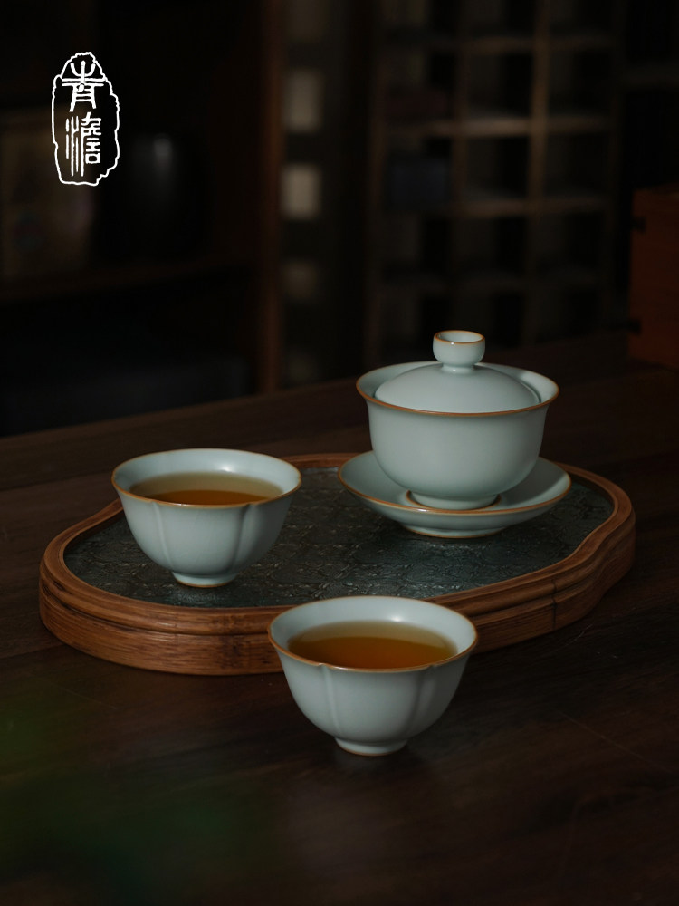 青澹汝窑盖碗套装家用泡茶碗景德镇功夫茶具陶瓷手工覆古汝瓷礼品