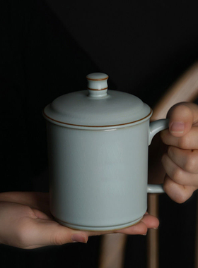 汝窑办公杯景德镇陶瓷杯带盖手工青瓷茶杯开片可养礼盒装家用水杯