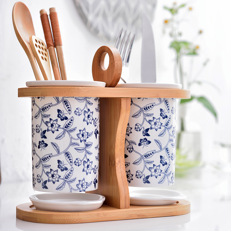 青花日式筷子置物架沥水架筷子篓陶瓷筷子筒家用厨房筷子笼