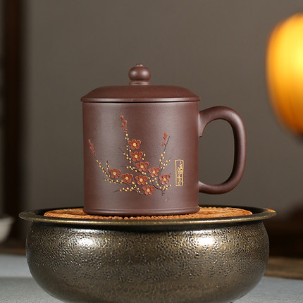 宜兴原矿紫砂杯梅花暗香配盖带把大容量办公会议家用泡茶杯子茶具