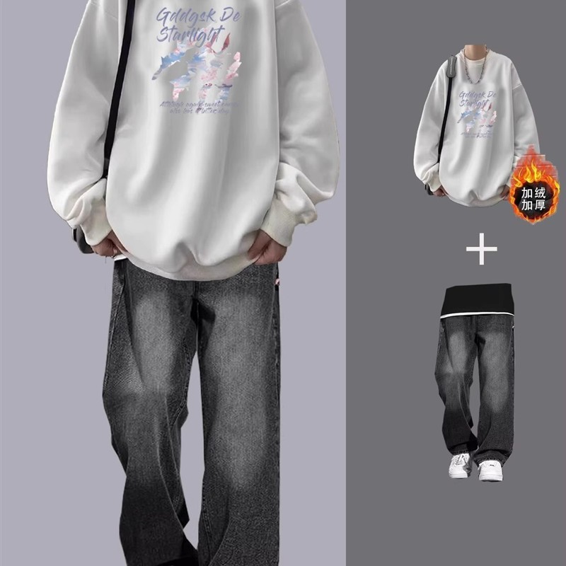 卫衣休闲运动套装男秋冬加绒潮牌宽松男装一套搭配牛仔裤日常穿搭