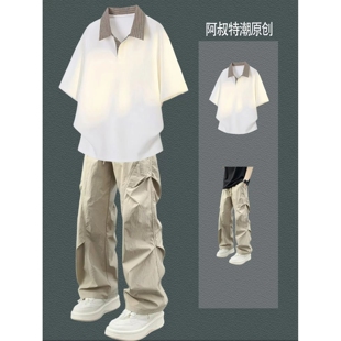 美式复古polo衫短袖T恤男生潮牌套装翻领上衣青少年痞帅穿搭一套