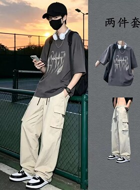 美式纯棉短袖T恤男夏季套装青少年夏天搭配冰丝工装裤子一套穿搭