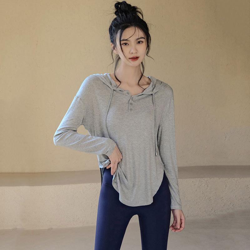 连帽瑜伽服女长袖运动上衣宽松显瘦速干跑步训练健身服女春秋新款