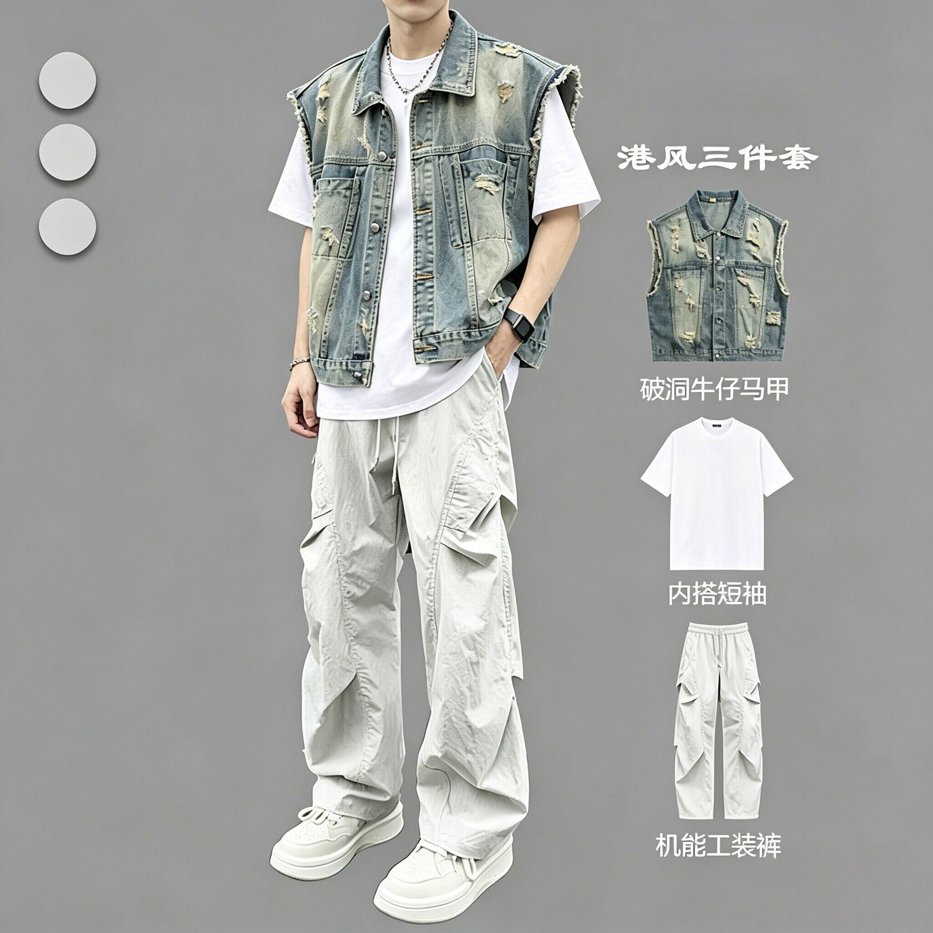 破洞牛仔夏季机能风马甲男套装潮牌青少年三件套高街穿搭坎肩外套