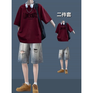 夏季美式短袖t恤男青少年学生酷帅潮流穿搭破洞牛仔短裤时尚套装