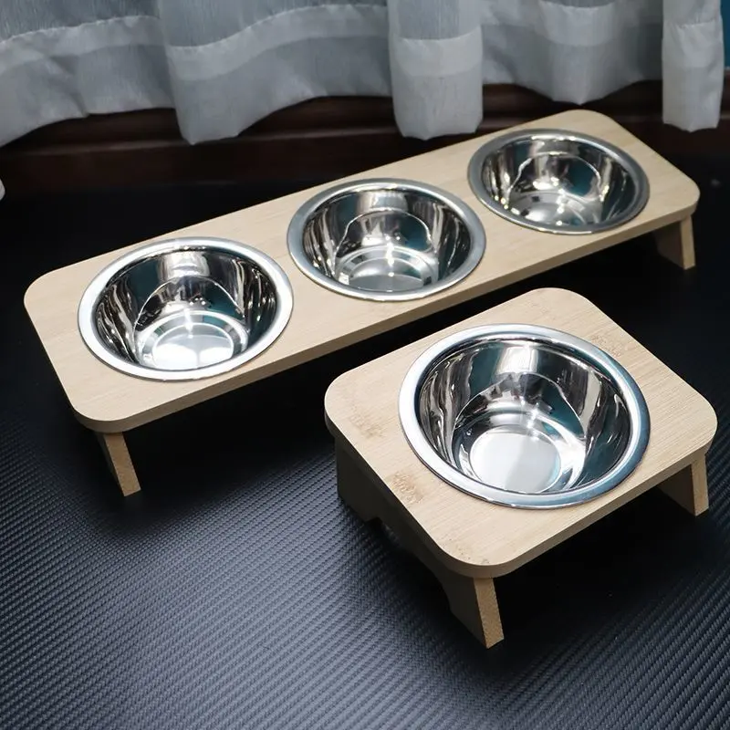 宠物陶瓷碗猫食盆猫粮盆实木稳定加固高脚猫咪小型犬防打翻食盆