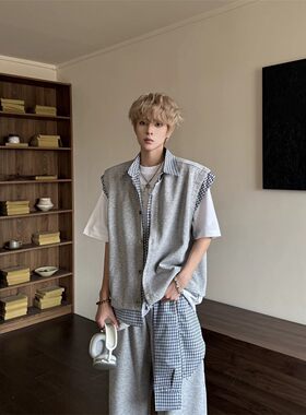 假两件无袖衬衫马甲男款夏季韩系设计感小众外套格子拼接坎肩背心
