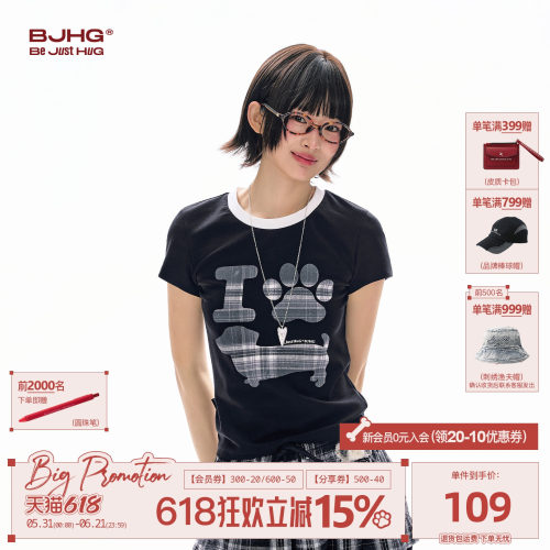 BJHG格纹小狗印花T恤圆领上衣