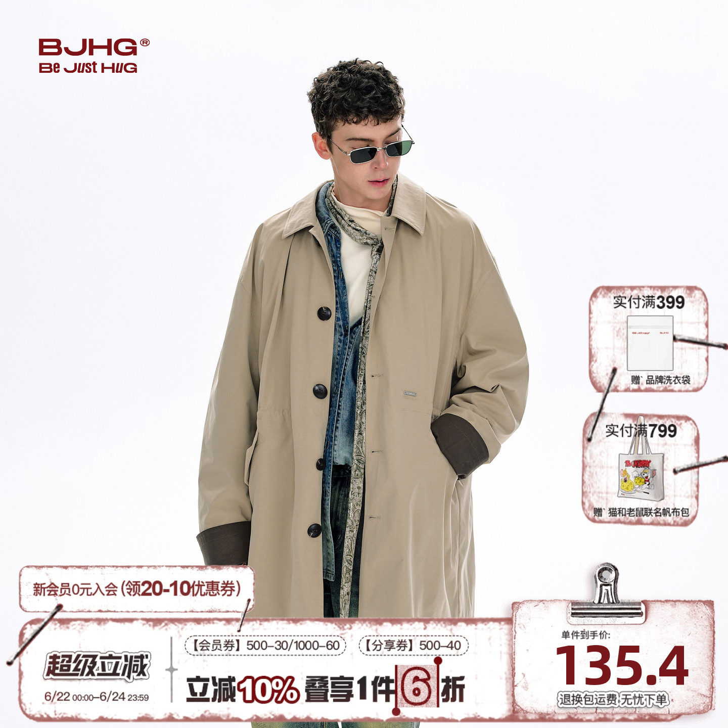 BJHG不计后果风衣外套男款春季潮牌翻领夹克慵懒韩式中长款大衣女