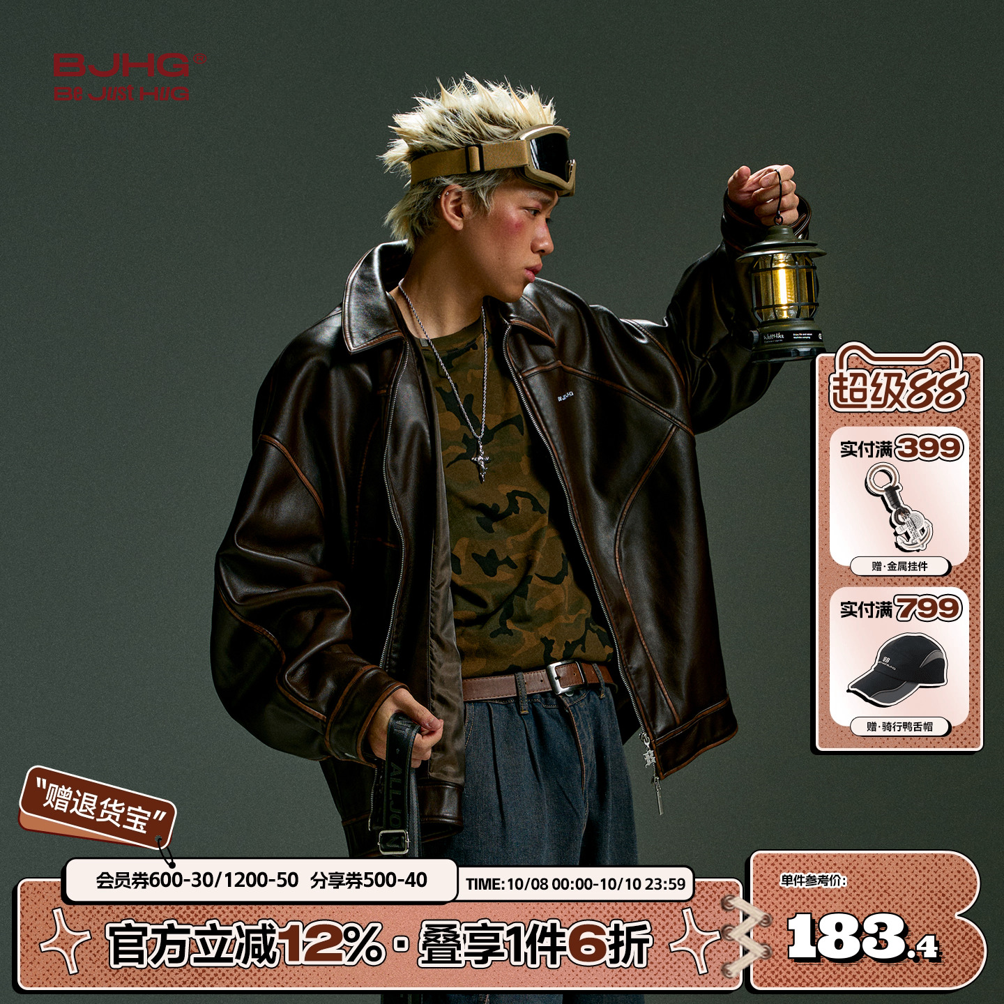 BJHG擦色做旧皮衣男PU皮夹克外套