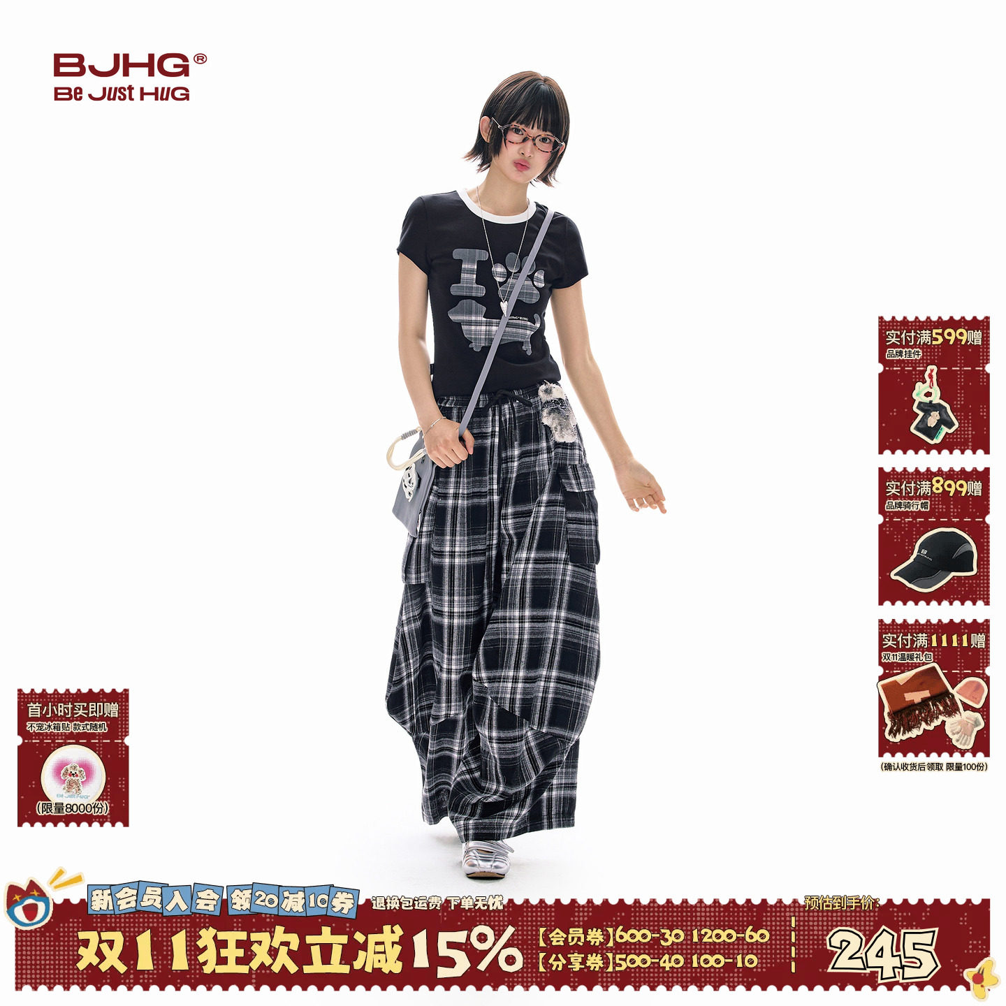 BJHG不计后果格纹时尚套装女夏秋潮牌美式格子裤小狗印花修身短袖