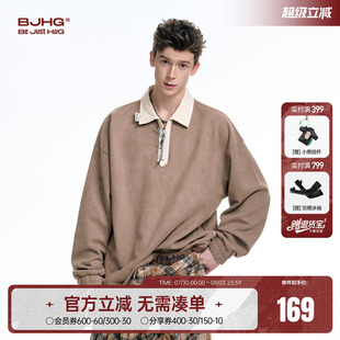 BJHG不计后果麂皮绒POLO领 上衣女 T恤男生新款 秋潮牌简约休闲长袖