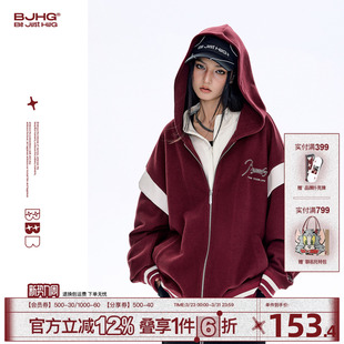 撞色情侣连帽外套上衣女 潮牌美式 BJHG不计后果假两件卫衣男款 春季