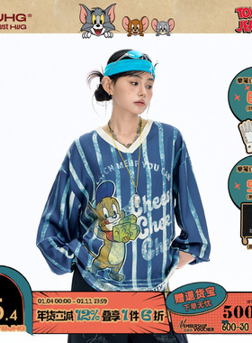 BJHG不计后果猫和老鼠联名长袖T恤男2025新款秋V领内搭美式球衣女