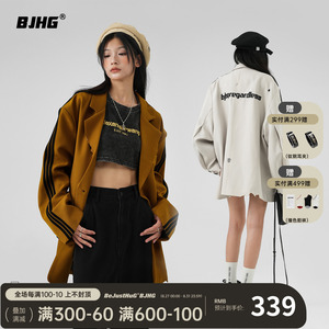 BJHG秋季复古美拉德风休闲西服切割设计感西装男潮牌夹克条纹外套