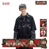 潮牌复古假两件上衣女 BJHG不计后果美式 2025冬季 POLO长袖 新款 男款