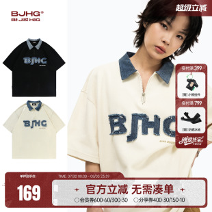 男潮美式 BJHG不计后果 短袖 夏季 复古休闲情侣T恤女 牛仔拼接POLO衫