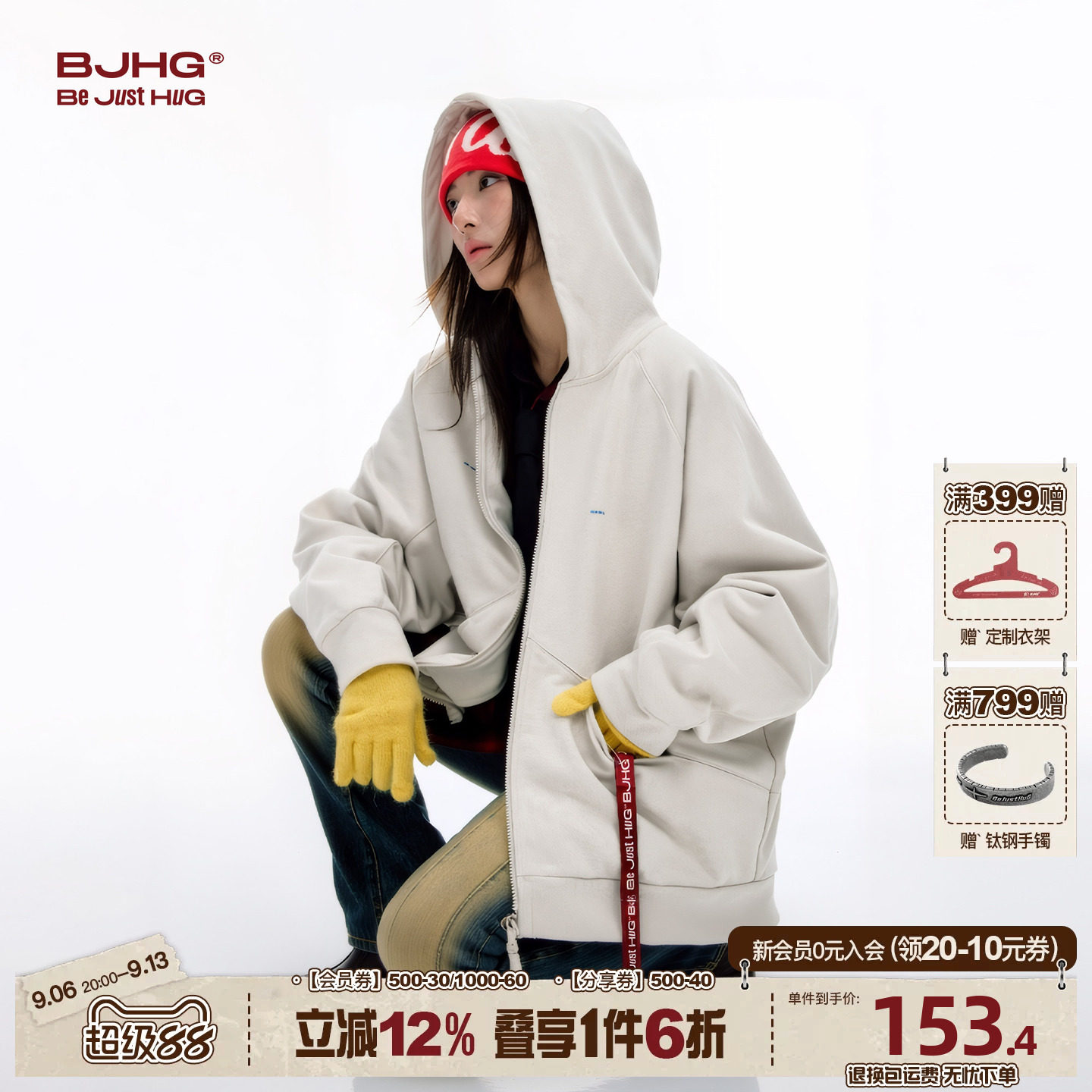 BJHG美式重磅暖皮连帽卫衣外套图片