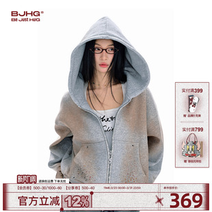 春做旧复古烫火钻美式 连帽卫衣女款 拉链外套上衣 Flythetruth FTT