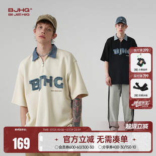男美式 BJHG不计后果 短袖 夏牛仔拼接时尚 街头潮休闲情侣T恤 polo衫
