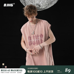 BJHG夏麂皮绒情侣无袖跨栏背心男款T恤潮美式街头运动坎肩砍袖女