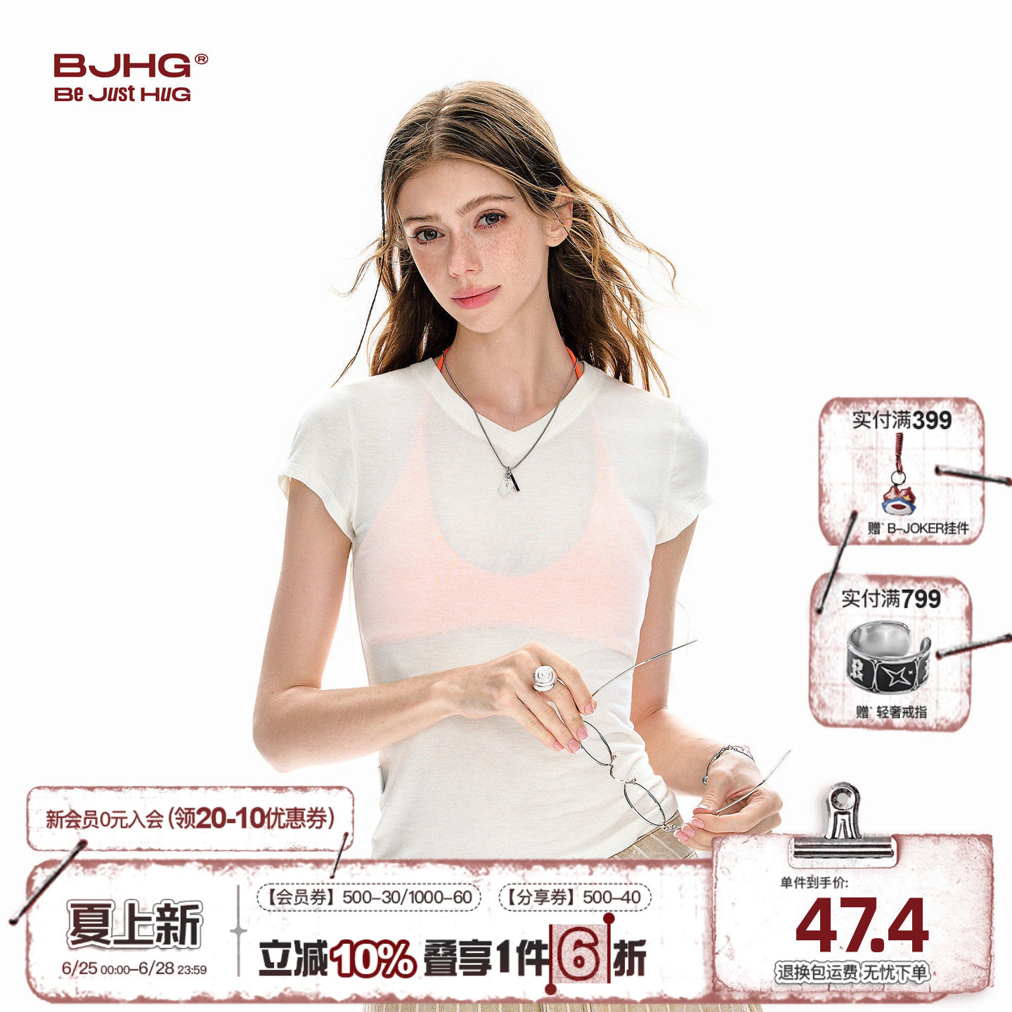 BJHG不计后果正肩修身短袖T恤女款夏季新款V领基础款高弹薄款上衣 - 实物图