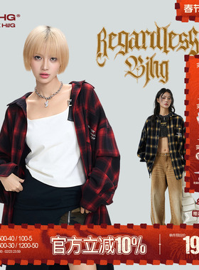 BJHG不计后果红色格子衬衫男秋冬宽松美式复古内搭衬衣长袖外套女