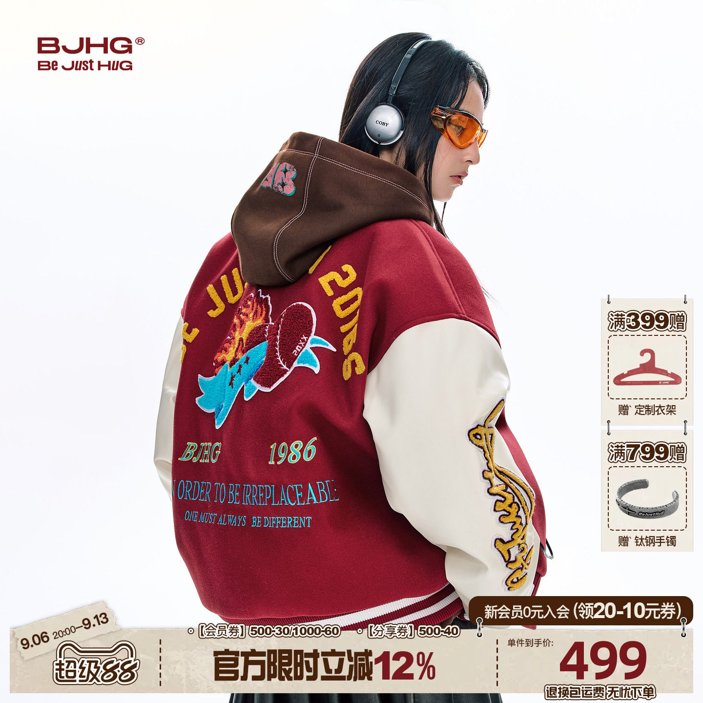 BJHG不计后果羽绒服男款冬季美式复古风潮牌棒球服飞行夹克外套女