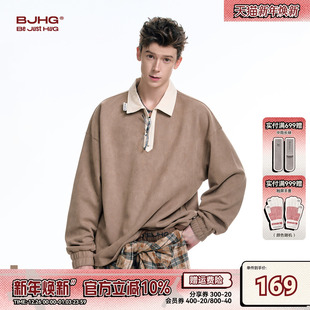 潮简约休闲长袖 冬季 上衣女 T恤男生新款 BJHG不计后果麂皮绒POLO领