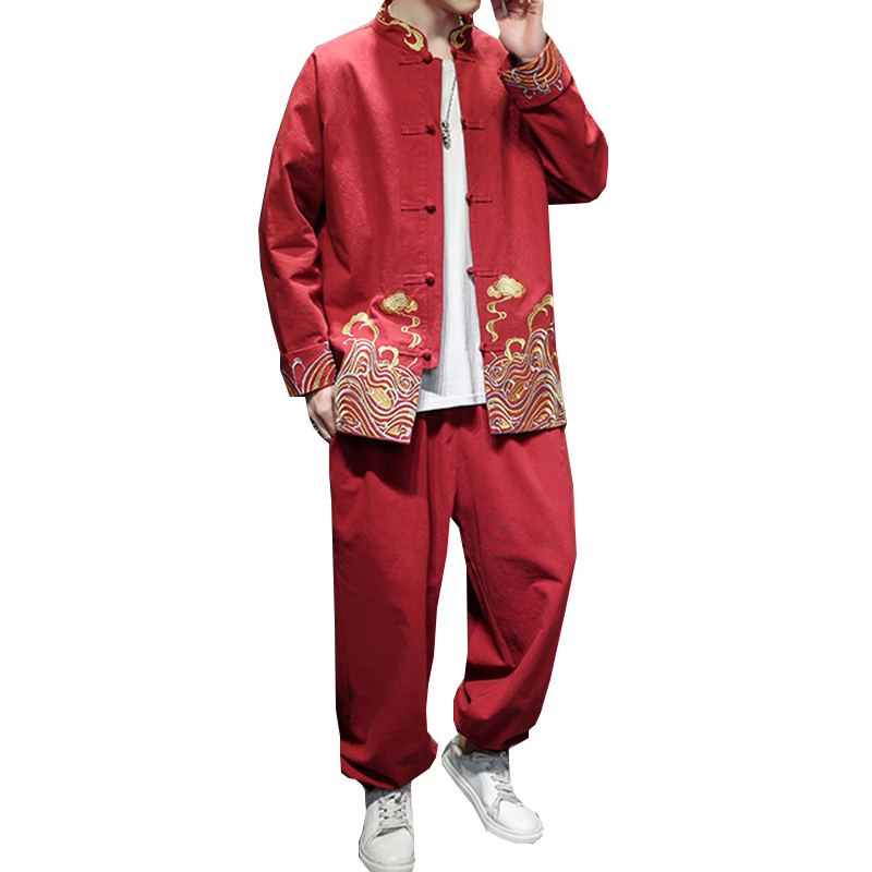绣花红色立领盘扣汉服茶人服唐装