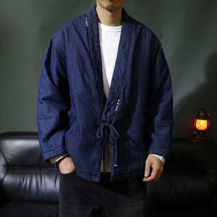 冬季中国风无领系带加厚道袍汉服棉袄男款宽松牛仔道服棉衣外套潮