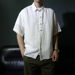 新中式短袖亚麻男潮衬衫夏季盘扣天丝亚麻衬衣薄款五分袖复古唐装