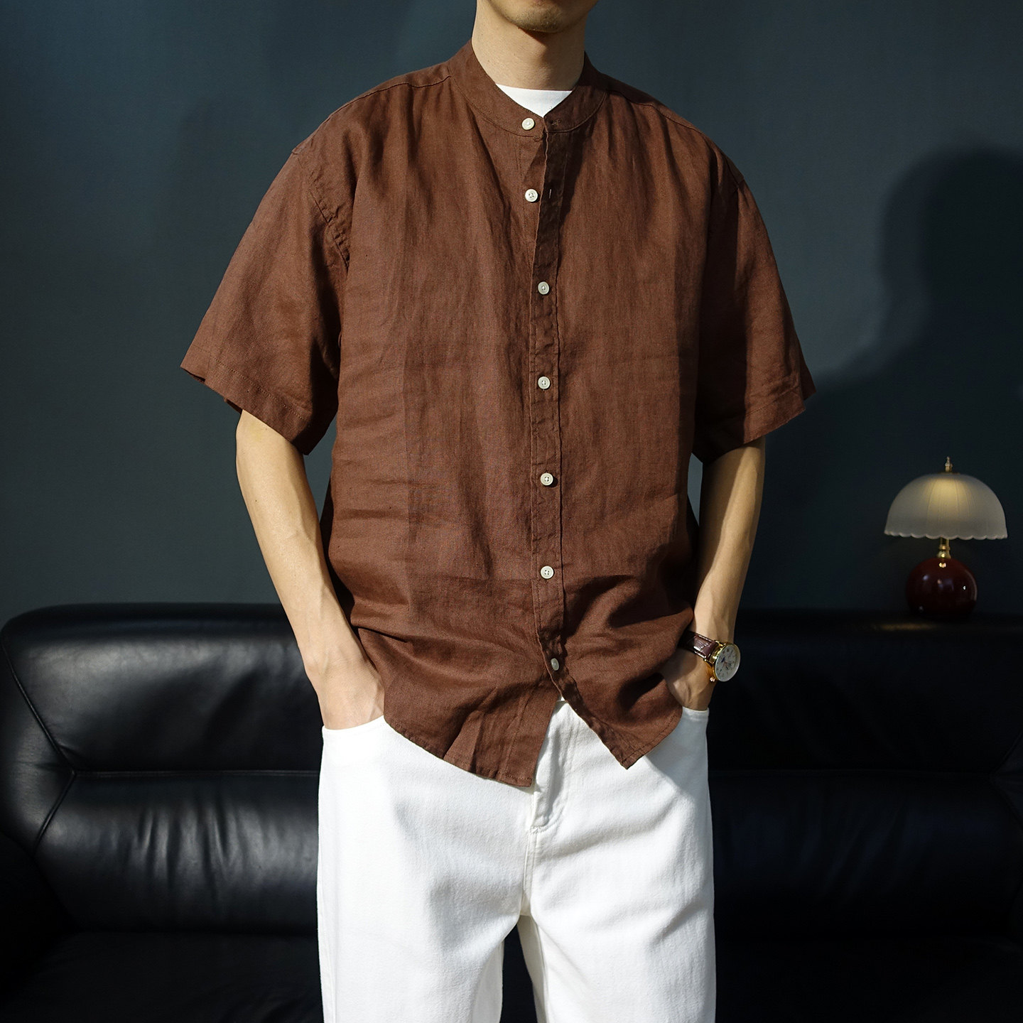 中国风纯亚麻立领落肩五分袖衬衫男款中山装麻料宽松茶服短袖衬衣