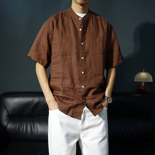 中国风纯亚麻立领落肩五分袖衬衫男款中山装麻料宽松茶服短袖衬衣