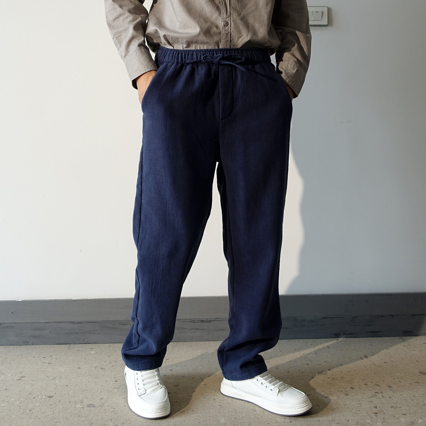 加绒苎麻直筒男士休闲裤秋冬