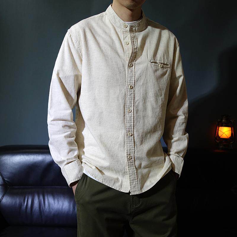 中国风薄款立领棉麻长袖衬衫口袋复古亚麻春夏中山装男士衬衣中式