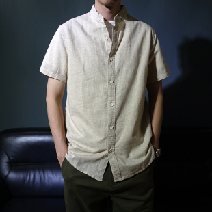 中式立领夏季纯色休闲薄款棉麻短袖衬衫中山装亚麻男版半袖衬衣潮