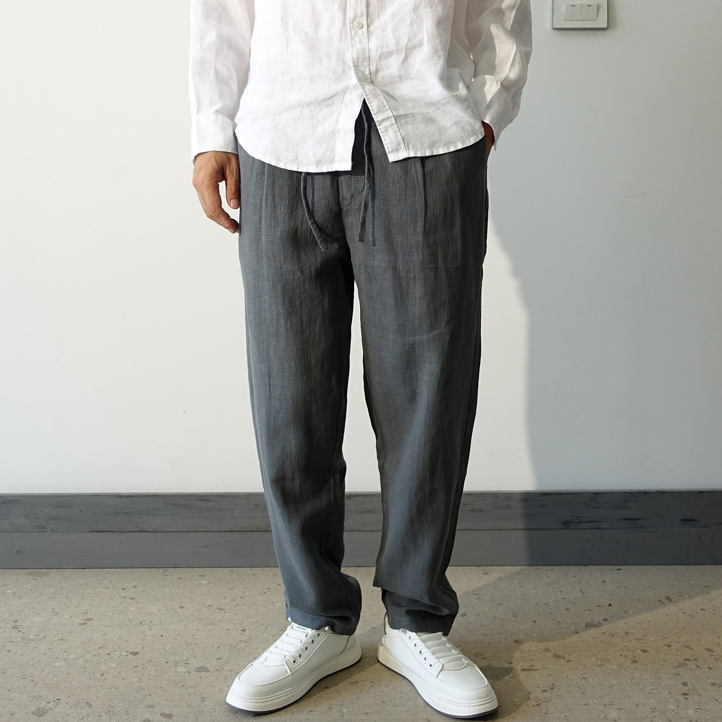 中国风苎麻宽松休闲裤男款慵懒松弛感裤子直筒棉麻宽松系绳长裤潮