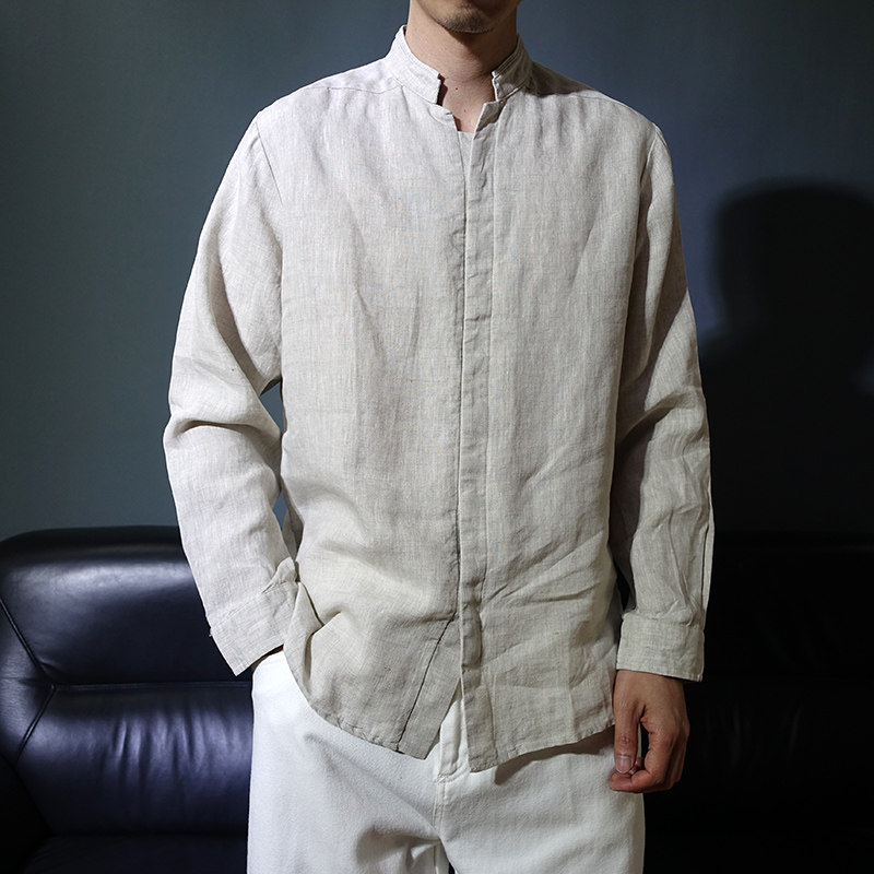 暗扣立领男款纯亚麻衬衫薄款长袖休闲春夏宽松复古衬衣纯色中山装