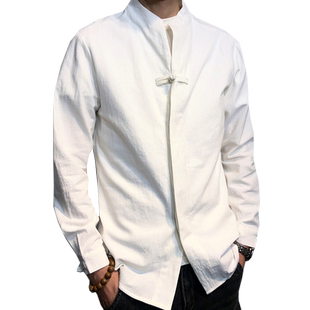 春秋男士立领盘扣黑色白色长袖衬衫休闲唐装中国古风男装中山装潮